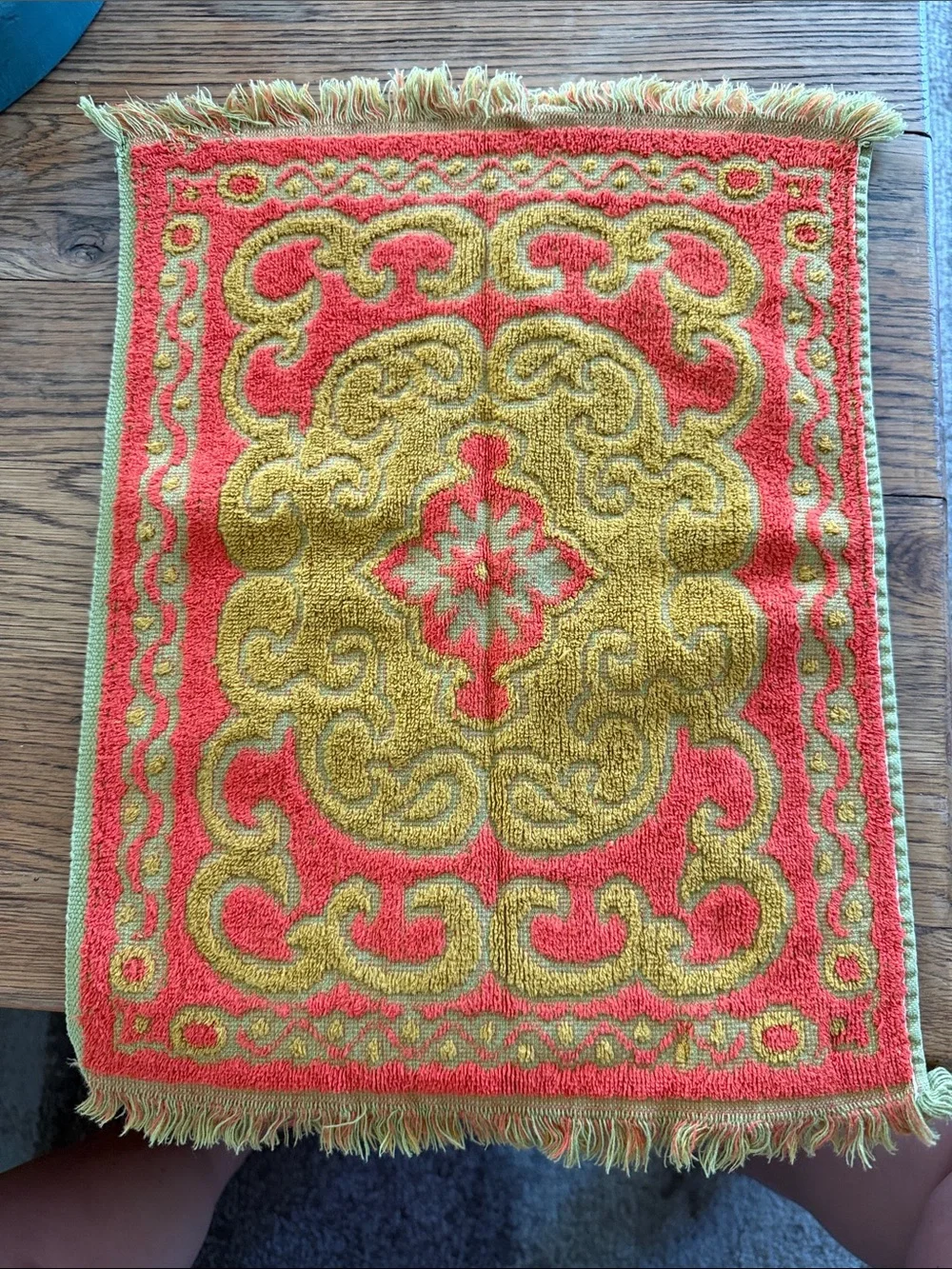 Vintage MCM Ornate Small Hand Towels in Olive Green, Orange and Mustard